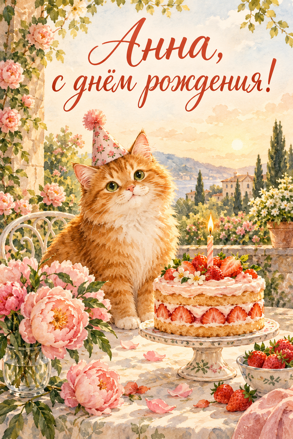 Акварельная открытка: рыжий кот в праздничном колпачке рядом с клубничным тортом и пионами; надпись «Анна, с днём рождения!».