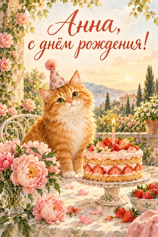Акварельная открытка: рыжий кот в праздничном колпачке рядом с клубничным тортом и пионами; надпись «Анна, с днём рождения!».
