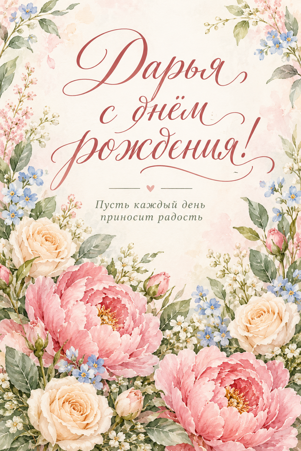 Акварельные розовые пионы, кремовые розы и голубые цветы вокруг надписи «Дарья, с днём рождения!». Пожелание: «Пусть каждый день приносит радость».