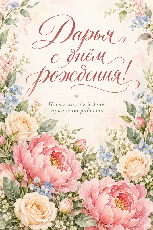 Акварельные розовые пионы, кремовые розы и голубые цветы вокруг надписи «Дарья, с днём рождения!». Пожелание: «Пусть каждый день приносит радость».