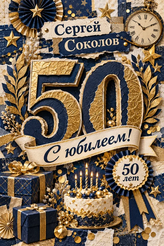Вертикальный юбилейный коллаж для Сергея Соколова: число 50, золотые звёзды, лавровые ветви, подарки и праздничные ленты.