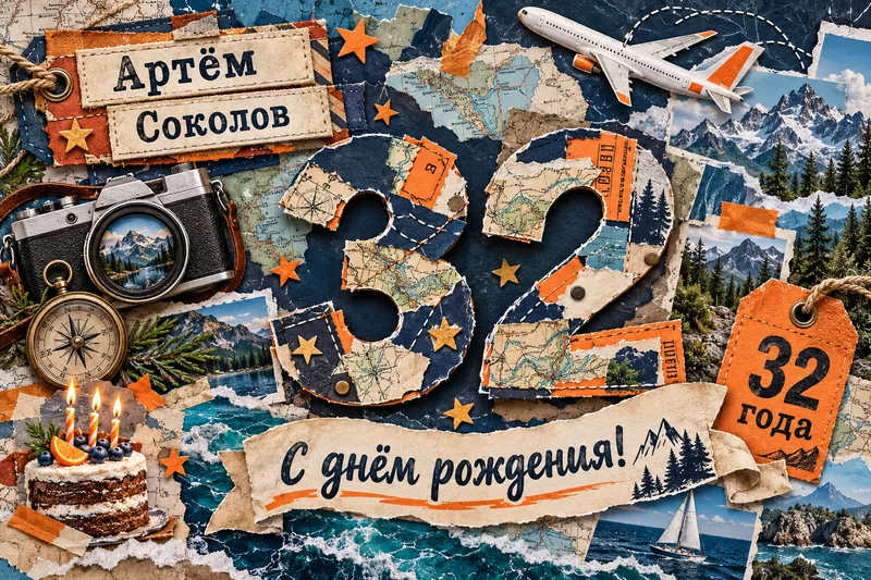 Горизонтальный коллаж для Артёма Соколова: число 32, фотоаппарат, самолёт, горы, компас и бумажные фрагменты карты.