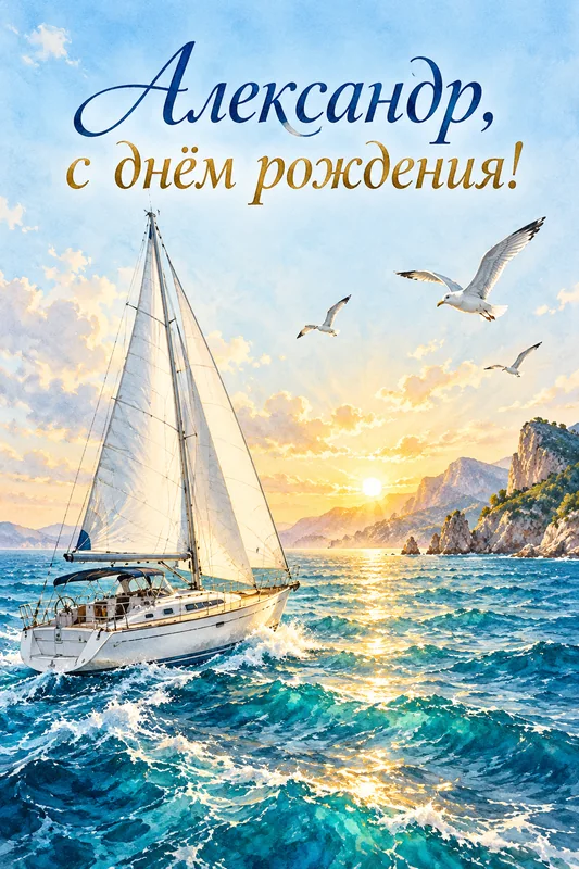 Акварельная открытка: парусник на бирюзовом море, солнечный горизонт и чайки; надпись «Александр, с днём рождения!».