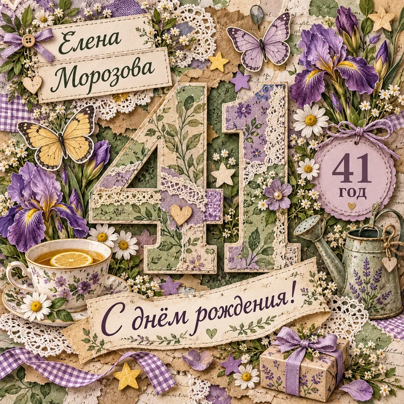 Квадратный коллаж для Елены Морозовой: число 41, цветы, чашка чая, бабочки, садовая лейка и кружевные бумажные слои.