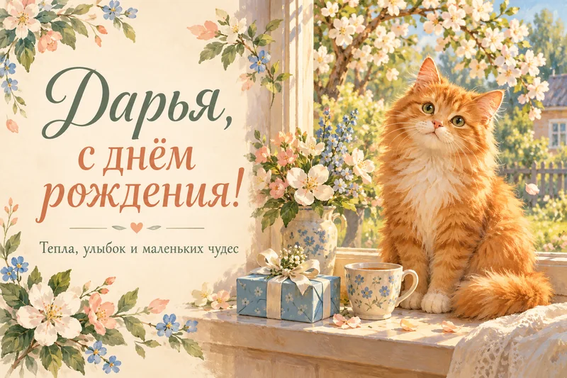 Рыжий кот на солнечном подоконнике рядом с голубым подарком и цветами. Надпись: «Дарья, с днём рождения! Тепла, улыбок и маленьких чудес».