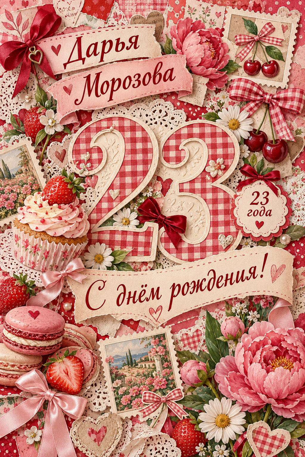 Вертикальный коллаж для Дарьи Морозовой: число 23, десерты, клубника, цветы, ленты и фактурные бумажные вырезки.