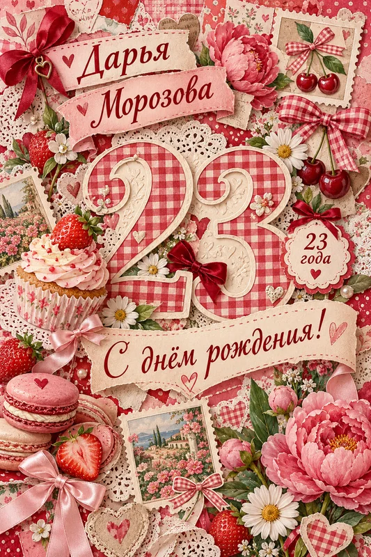 Вертикальный коллаж для Дарьи Морозовой: число 23, десерты, клубника, цветы, ленты и фактурные бумажные вырезки.