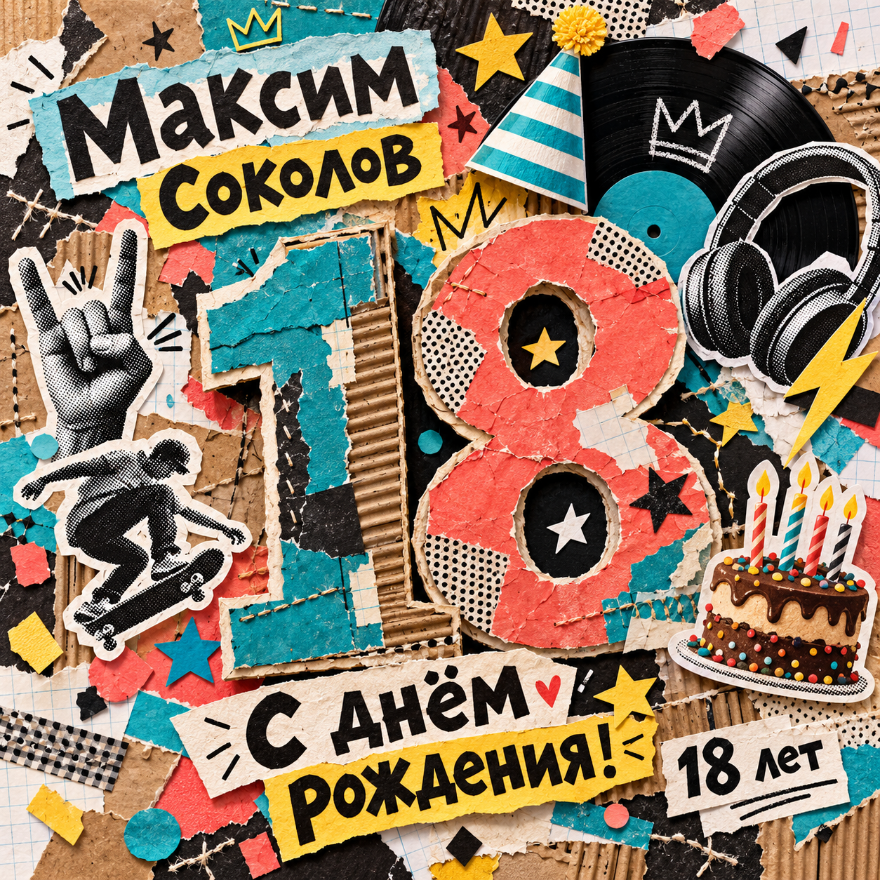 Квадратный коллаж для Максима Соколова: крупное число 18, виниловая пластинка, наушники, молния и праздничные вырезки.