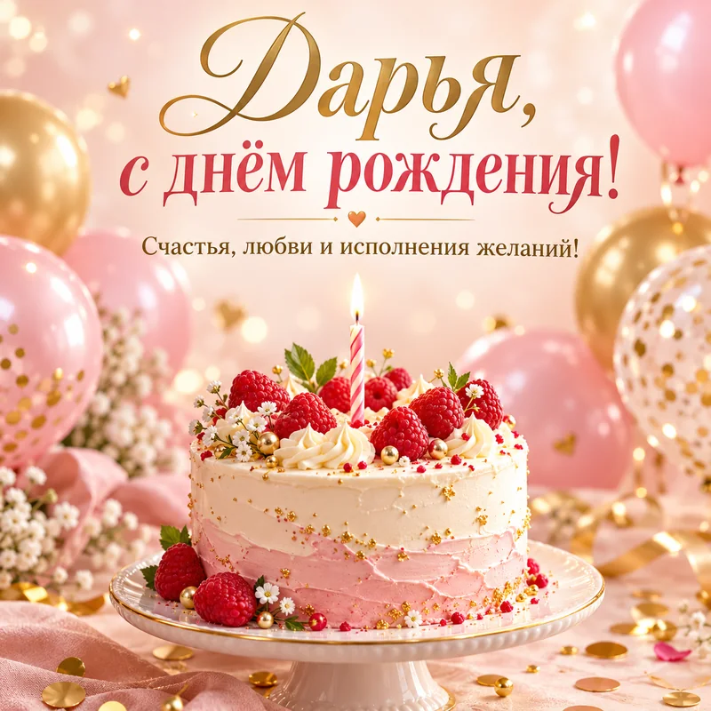 Торт с малиной и горящей свечой, розовые и золотистые воздушные шары. Надпись: «Дарья, с днём рождения! Счастья, любви и исполнения желаний!».